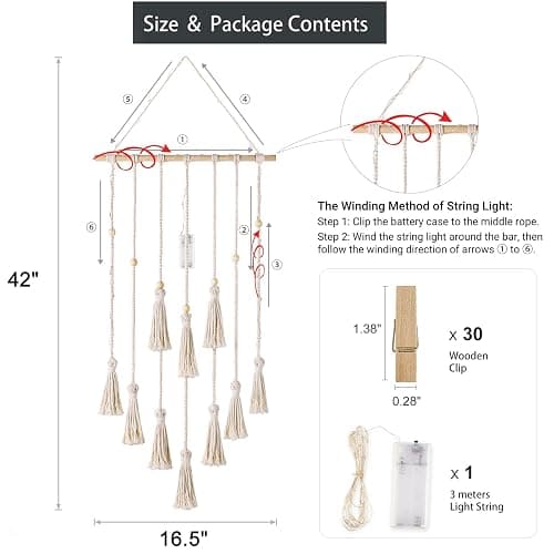 Mkono Hanging Photo Display Boho Macrame Wall Decor with Light, Teen Girl Teenage Gifts, Pictures Cards Frame Holder Art Hanger for Christmas Birthday Party Bedroom Dorm, with 30 Wood Clips, Ivory thumbnail 2