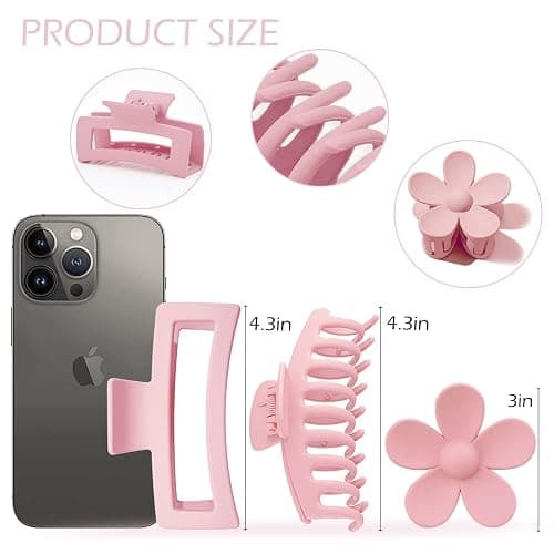 Large Hair Claw Clips 12 Pack, Flower Hair Clips for Thin Hair, Big Square Matte Strong hold for Thick Hair, 3 Styles Hair Clips for Women Thick Hair Pink Colors thumbnail 2