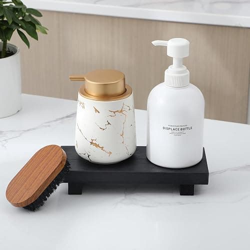 zoocatia Small Wood Tray Pedestal Stand Farmhouse Bathroom Decor Decorative Wooden Riser Kitchen Soap Dish Holder for Vanity, Counter, Sink, Black thumbnail 6