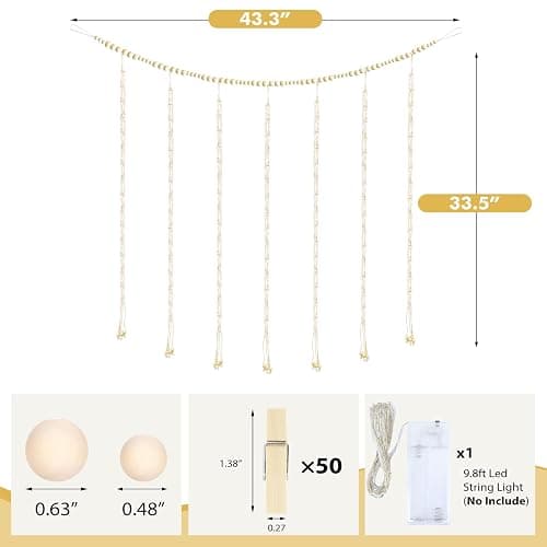 KLOGTSIND Hanging Photo Display, Macrame Wall Decor with Lights, 50 Clips | Boho Wood Beads Banner, Picture Christmas Card Holder with String Lights for Room Dorm Nursery Decor, Teenage Teen Girl Gifts thumbnail 2