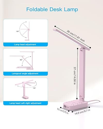 Dorm Room Essentials for Girls, Pink Power Strip with LED Desk Lamp, 3 Outlets 4 USB Ports, 4 Modes 5 Level Touch Lamp Small Desk Lamp for Home Office Bedroom Study Reading Light, 5ft Extension Cord thumbnail 5