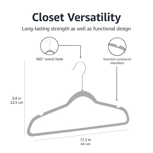 Amazon Basics Slim Velvet Non-Slip Space Saving Suit Clothes Hangers, Closet Organizer, Gray/Silver, 50-Pack thumbnail 9