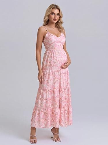 HTZMO Maternity Floral Summer Maxi Dress Bow Tie V Neck Baby Shower Photoshoot Casual Boho Long Sundress for Women thumbnail 4
