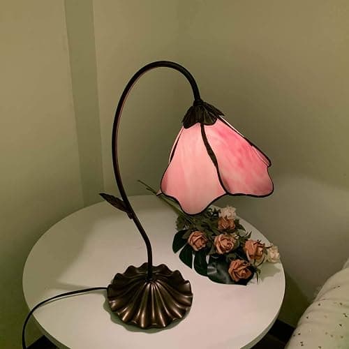 Bieye L10810 Flower Tiffany Style Stained Glass Table Lamp with 8-inch Wide Bent Glass Lampshade Lily Pad Base (1-Light, Pink) thumbnail 3