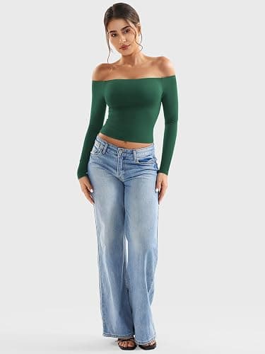 YEOREO Sophie Women Off Shoulder Long Sleeve Shirts Double Lined Basic Undershirt Y2K Going Out Tops thumbnail 5