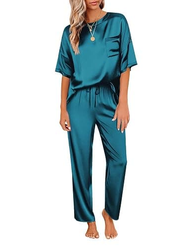 Ekouaer Womens Satin Silky Pajama Set Short Sleeve Shirt with Long Pajama Pant Set Soft PJ Loungewear - Image 1
