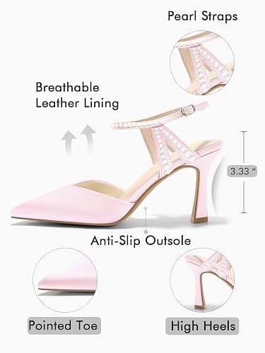 Coutgo Womens High Heels Closed Pointed Toe Satin Pumps Pearl Ankle Strap Wedding Party Dress Shoes thumbnail 5
