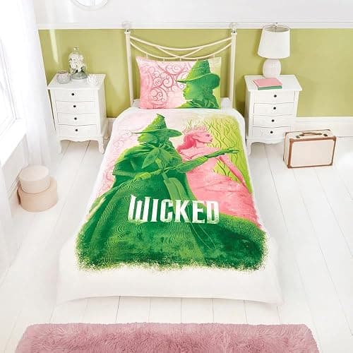 Wicked Glenda & Elphaba Reversible 2 in 1 Design Single Duvet Cover and Pillowcase Set - Polycotton Material -Washable Perfect for Children, Kids, Girls in a Pink and Green Colorway thumbnail 2