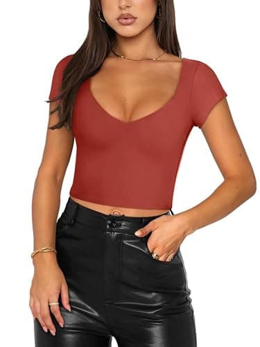 REORIA Women's Trendy Sexy V Neck Short Sleeve Double Lined Slimming T Shirts Crop Tops Tees - Image 1