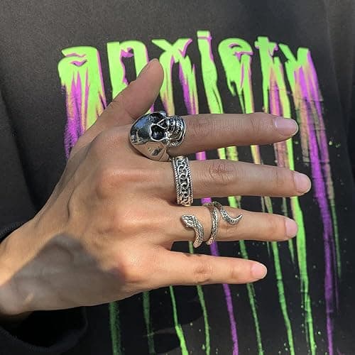 KISS WIFE Halloween Vintage Silver Punk Rings Set for Men, Cool Gothic Chunky Rings Bulk, Skull Snake Spade Ace Malachite Stackable Hippie Knuckle Rings Pack, Trendy Men's Jewelry Gift for Him thumbnail 3