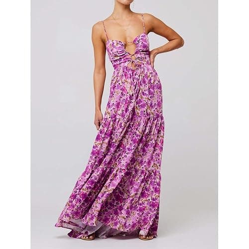 ABYOVRT Women Floral Maxi Dress Tie Front Cut Out Backless Boho Spaghetti Strap Summer Beach Sundress thumbnail 4