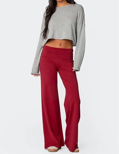 Qmlyev Wide Leg Sweatpants for Women Fold Over Low Rise Flare Yoga Lounge Pants Back to School Clothes for Teen Girls thumbnail 6