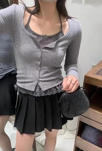 Fake 2 Piece Halter Lace Top Women Vintage Grunge 2000s Mcbling Tshirts 90s Long Sleeve Streetwear Y2k Shirts thumbnail 2