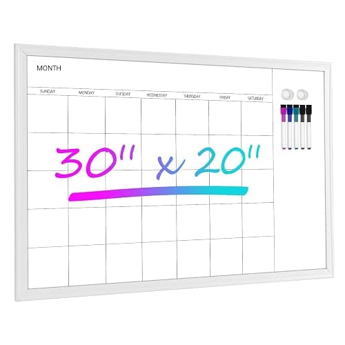 VUSIGN Magnetic Dry Erase Calendar White Board for Wall, 30"x20" Calendar Whiteboard, White Wood Style Frame, Includes 2 Magnets and 5 Markers - Image 1