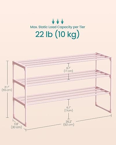 SONGMICS Shoe Rack, 3-Tier Shoe Organizer, Metal Storage Shelf, Upright or Upside Down, for 16-20 Pairs, Stackable, for Entryway, 11.8 x 36.2 x 21.7 Inches, Jelly Pink ULSA303S01 thumbnail 3