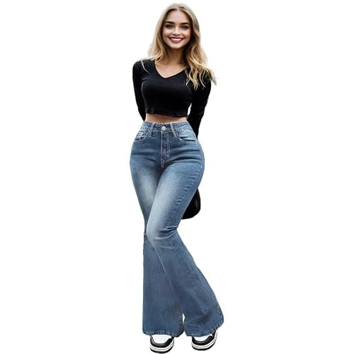 Cuyulitcik Flare Jeans for Women Plus Size Bootcut Jeans for Women Embroidered Jean for Womens High Waisted Bell Bottom Pants thumbnail 4