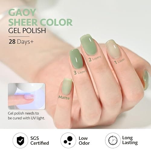 GAOY Jelly Green Gel Nail Polish Set, 6 Transparent Colors Sheer White, UV Light Cure Gel Polish for Salon and Nail Art DIY at Home thumbnail 5