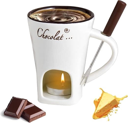 Chocolate Fondue Mug, Chocolate Melting Cup with Fork, Melting Chocolate Mug, Fondue Set for Office School Home, Cheese Fondue Sets, Sweet Fondue Cup for Valentine's Day Gift (White) - Image 1