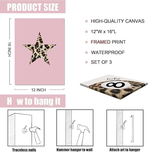 Hwetui Trendy Leopard Canvas Wall Art Set of 3 Funky Lucky 8 Ball Posters Prints Preppy Room Aesthetic Painting Cheetah Wall Decor Pictures for Girls Bedroom Apartment Dorm 12x16 Inch Framed thumbnail 7