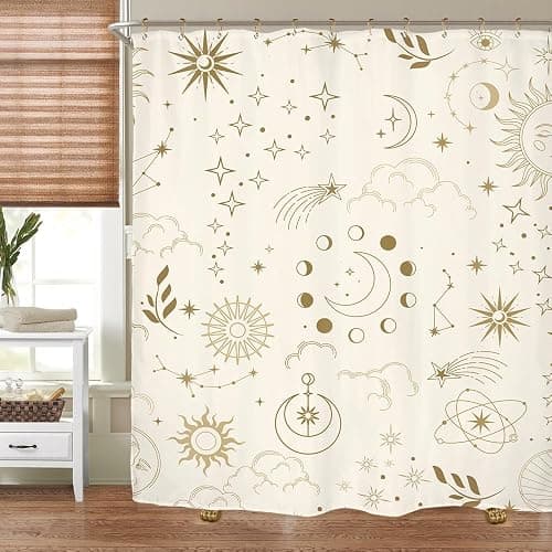 Miyotaa Moon Phase Celestial Shower Curtain Set 60Wx71H Inches Mysterious Constellation Astrology Beige Crescent Tarot Witchy Polyester Bathroom Curtain with 12 Hooks thumbnail 6