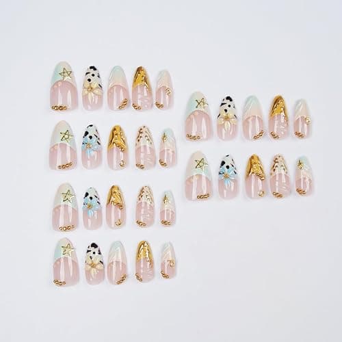 30pcs French Tip Press on Nails Medium Almond Fake Nails with 3D Floral Gold Star Pearl Design Summer False Nails Flower Acrylic Nails Full Cover Glue on Nails for Women Nail Decorations thumbnail 5