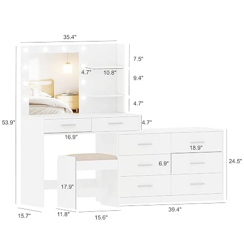 Rovaurx 65" W Makeup Vanity Set with Mirror and 3-Color Lights, Large Vanity Table with 8 Drawers & Side Storage Shelf, Adjustable Width, Bedroom Dressing Table with Stool, for Women, White RSZT109WD thumbnail 2
