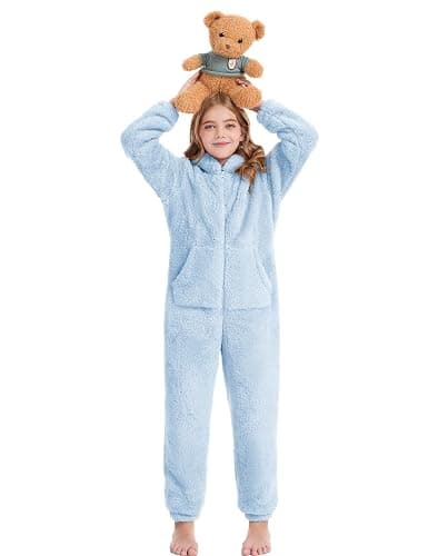 COZYPOIN Unisex Kids Fleece Jumpsuits Girls Fuzzy Hooded Rompers Zip Up One Piece Costume Warm Cute Clothes for 5-14 Y thumbnail 5