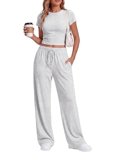 LanGui 2 Piece Sets for Women Summer 2026 Lounge Set Side Ruched Top and Wide Leg Pants for Airport Travel Vacation Outfit - Image 1