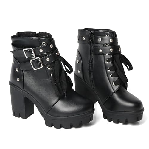 FOREADA Goth Boots Chunky Heel Boot For Women Ankle Combat Booties Black Platform Bootie Buckle Rivets Punk Goth Shoes With Zipper thumbnail 5