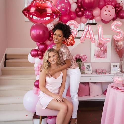 Galentines Day Party Decorations hot pink and pink Balloon Arch Garland Kit with GALS letter Wine glass rose lips Balloons for Galentines Day Party Valentines Lady Nignt Birthday Party Supplies thumbnail 2