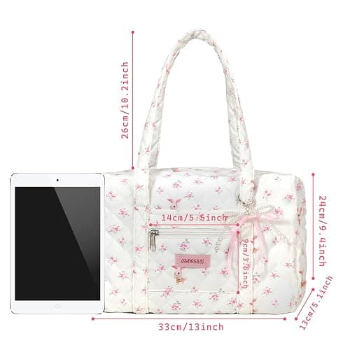 Coquette Bag with Bow Pearl Charm Floral Quilted Duffle Bag for Women Girls Small Puffer Shoulder Purse Cute Bunny Handbag for Travel, Work, School thumbnail 5