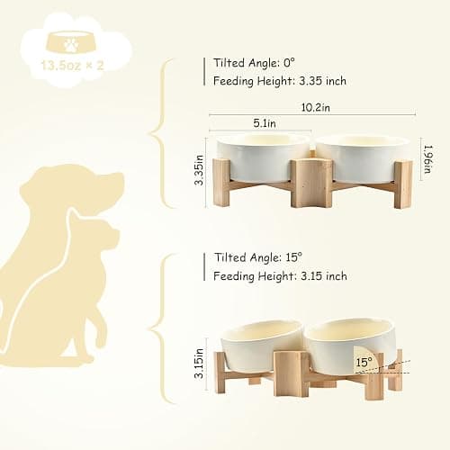 SPUNKYJUNKY 15° Slanted Ceramic Dog Bowl with Elevated Bamboo Stand - Tilted Pet Feeder for French Bulldog Pugs No Slip Anti-Vomiting for Cat Small Dog Flat Face Pets 13.5 OZ (1.7 Cups, Beige × 2) thumbnail 5
