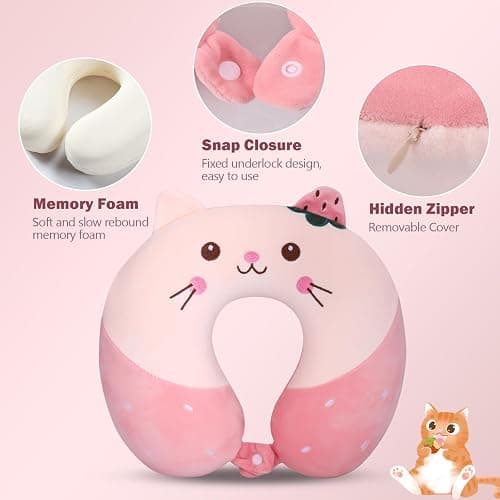 Fentar Neck Pillow for Travel, Memory Foam Kids Travel Pillow, Removable Travel Neck Pillow with Zips, Cute Cartoon Plane Pillow, Comfortable Adult Kids Travel Pillow for Airplane Camping Car Sleeping - Pink thumbnail 2