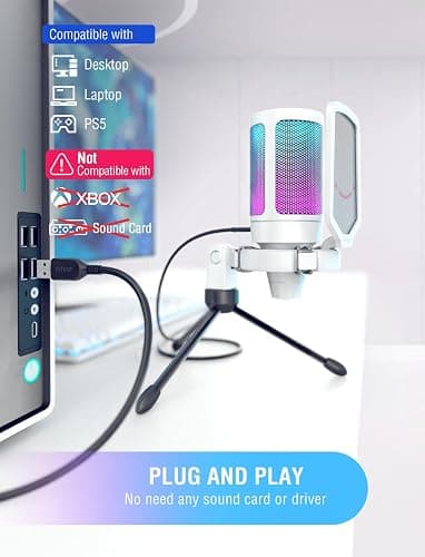 FIFINE AmpliGame USB Microphone, PC Gaming Recording Desktop Laptop Mic, RGB Streaming Podcasting Condenser Mic for Online Game, Vocal, with Mute Button, Gain Knob, Tripod Stand-A6V White thumbnail 5