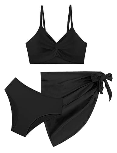 Girls Swimsuit, Bathing Suits 3 Piece Tropical Floral Twist Cross Bikini Sets Girls' Swimwear with Cover Up Skirt 7-16T - Image 1