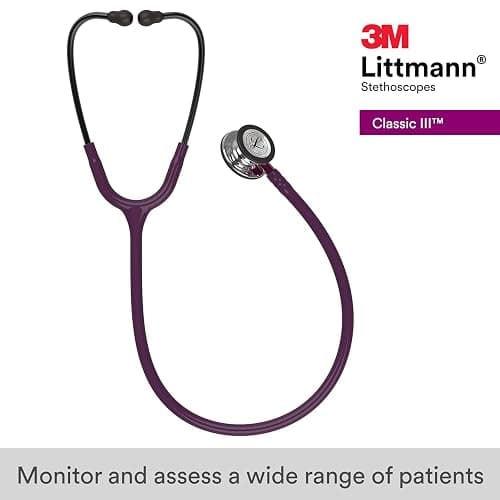 3M Littmann Classic III Monitoring Stethoscope, 5960, More Than 2X as Loud, Weighs Less, Stainless Steel Mirror-Finish Chestpiece, 27" Plum Tube, Pink Stem, and Smoke Headset thumbnail 2