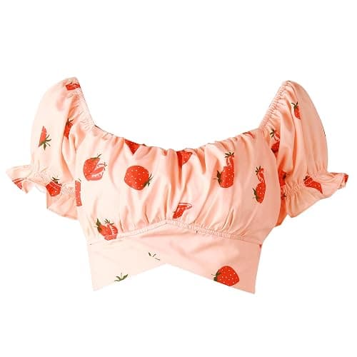 COOUFE Women's Crop Tops Ruffle Short Sleeve Tie Back Summer Off Shoulder Top Blouse thumbnail 3