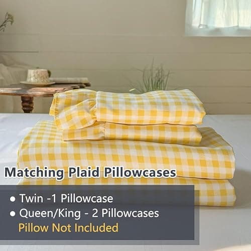 NSNLGSGC Yellow Gingham Ruffle Queen Sheet Set | Soft Pre-Washed Microfiber, Plaid, 4-Pieces, Farmhouse, Deep Pocket thumbnail 7