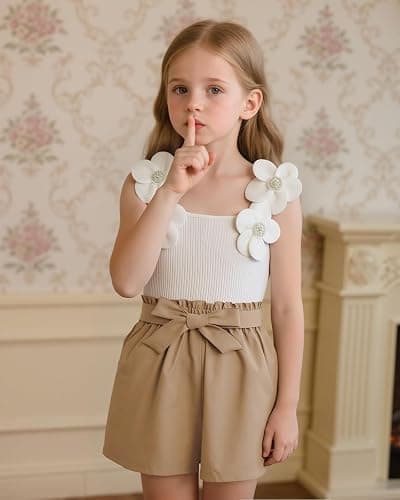 Momkonzz Girls Summer Clothes Set for Kids Flower Sleeveless Tank Top + Shorts + Belt Tween Outfits Size 7-12T thumbnail 4