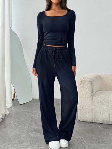 Trendy Queen 2 Piece Scoop Neck Lounge Set Womens Wide Leg Pants Side Ruching Slightly Crop Top Sweatsuit Sets With Pockets thumbnail 2