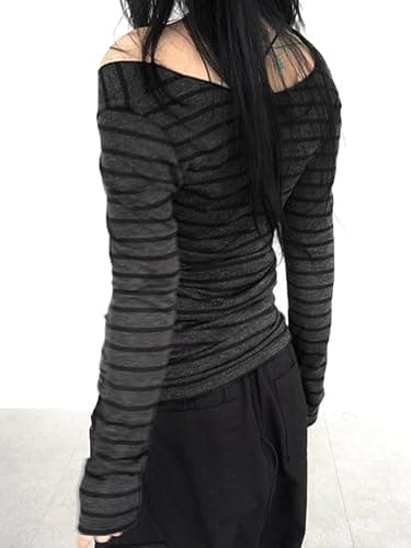 EMMIOL Off The Shoulder Tops for Women Striped Long Sleeve Shirts Going Out Top Y2k Fall Clothes thumbnail 3
