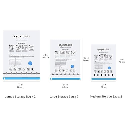 Amazon Basics fermeture éclair housses de rangement sous vide avec pompe manuelle, Lot de 6, Plusieurs (2 jumbo, 2 L, 2 M taille), Clair, Bleu thumbnail 3