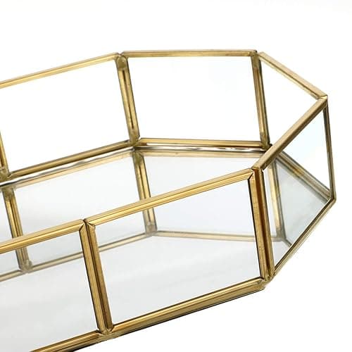 Hipiwe Mirror Glass Vanity Tray - Gold Ornate Makeup Vintage Octagonal Perfume Dresser Jewelry Trinket Organizer for Bathroom Storage Home Decor - 8" x 5.7" x 1.8" thumbnail 4