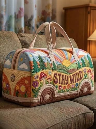 GELAiZi Retro Van Shape Quilted Duffle Printed Bag,Colorful Hippie Peace Sign, Wild Design, Travel Weekender Tote Bag thumbnail 2