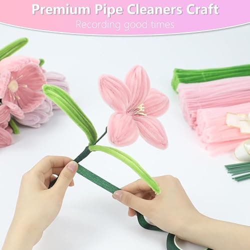 400 Pcs Pipe Cleaners Craft,4 Assorted Colors Pipe Cleaners Bulk, Chenille Stems for DIY Flower Making Kit with Floral Wires, Gardening Tape,Stamen& Ribbon (Pink) thumbnail 5