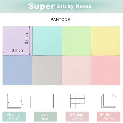 Sticky Notes 3x3 Inch, 8 Pads Light Colors Self-Adhesive, 8 Assorted Pastel Colors, 80 Sheets/Pad, Reusable Notepads for Office, School, and Home thumbnail 2