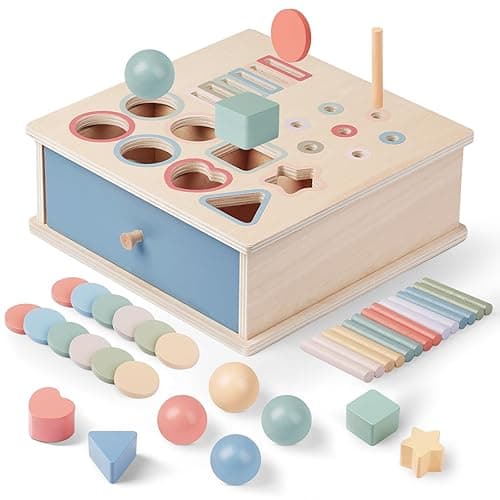 Pajojoqa Montessori Toys for 2 3 4 5 Color Sorting - Wooden Object Permanence Box with Drawer Sensory Toys Shape Sorter Education for Baby Toddler Boy Girl Drop Busy Box 4 in 1