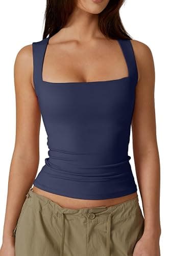 QINSEN Women's Square Neck Sleeveless Double-Layer Tank Tops Basic Tight T Shirts - Image 1