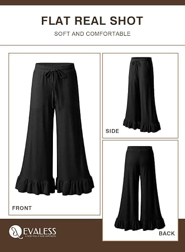 EVALESS Womens Wide Leg Pants Drawstring Elastic High Waisted Ruffle Hem Palazzo Pants with Pockets thumbnail 5