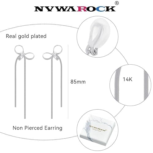 NVWAROCK Cilp-on Bow Earrings Non Pierced Ribbon Bow Dangle Drop Tassel Statement Earring for Women Dangling Long chain Earrings（Gold and Silver） thumbnail 2